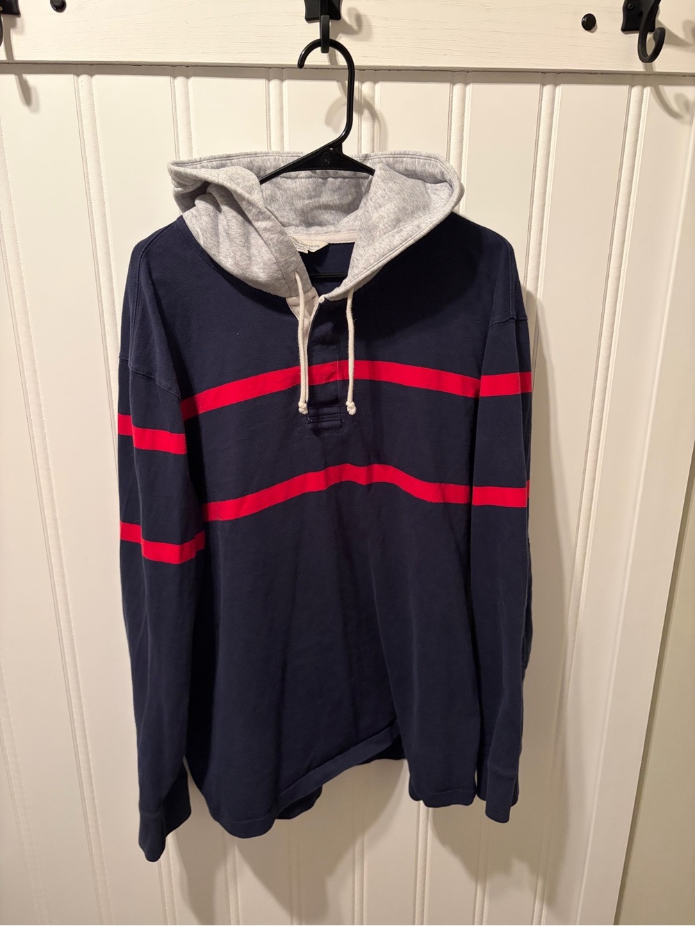 J. Crew Mens Hooded Rugby Shirt with Red Stripes Elbow Patches SZ XXL